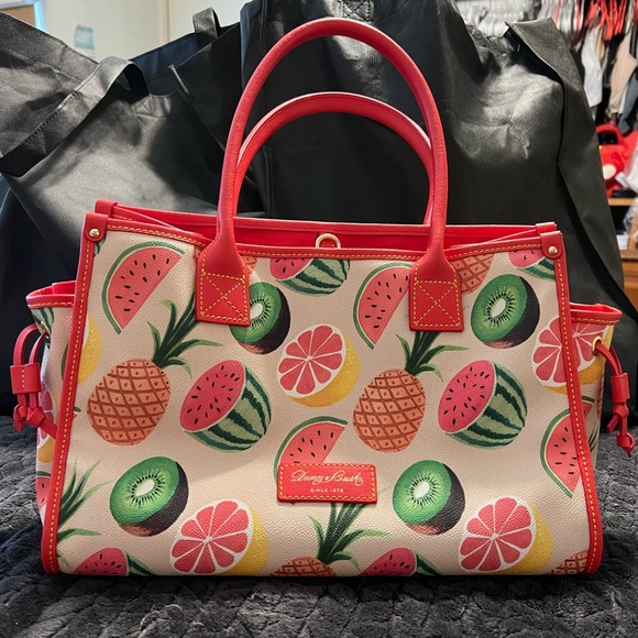Dooney & Bourke Red and Cream Tote with Vibrant Fruit Design